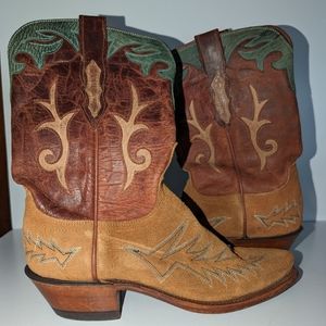 WOMENS LUCCHESE 1883 TAN BRN TURQUOISE SUEDE SNIP TOE COWBOY WESTERN BOOTS 7.5 B